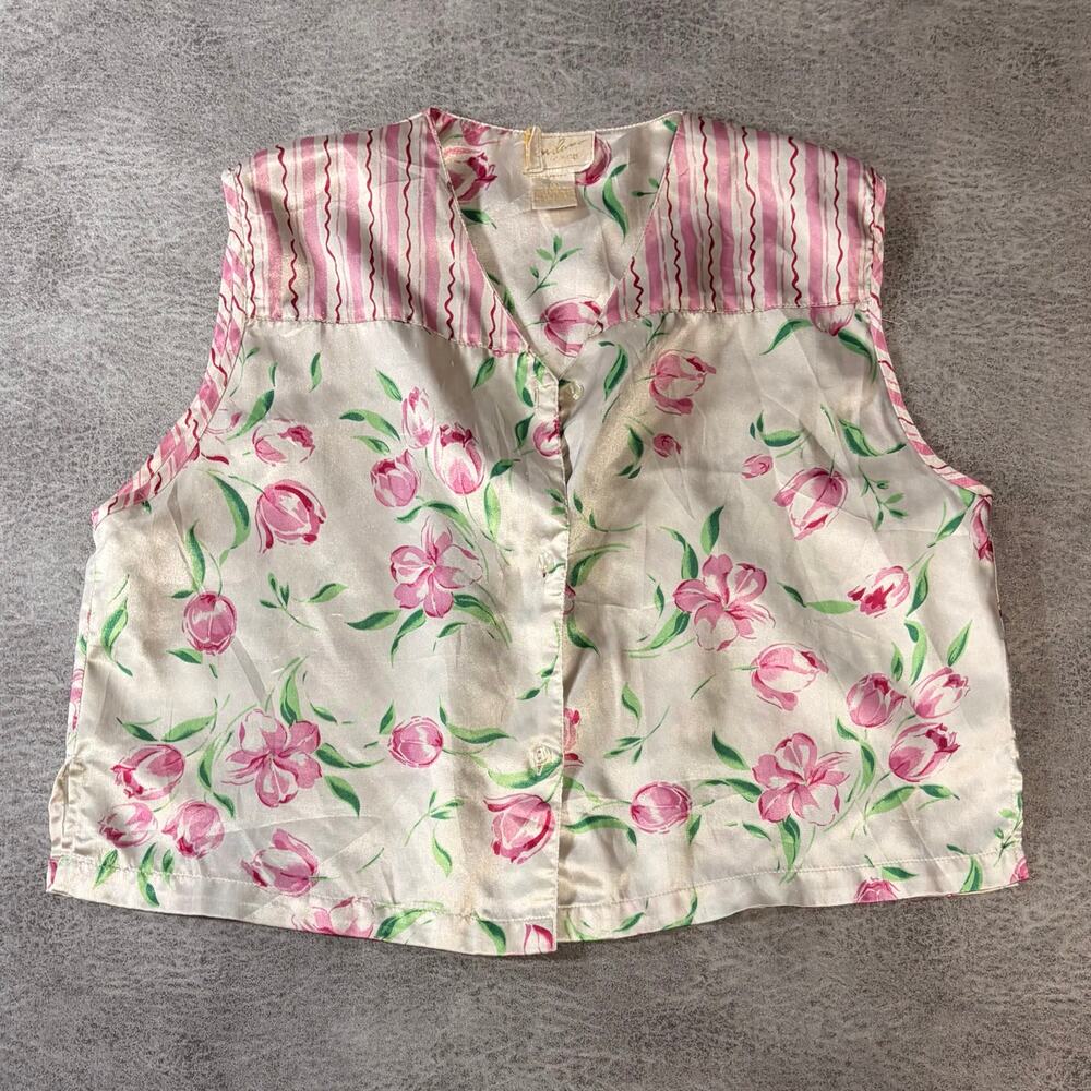 Satin Vintage Floral Button Up Crop Sleeveless Top